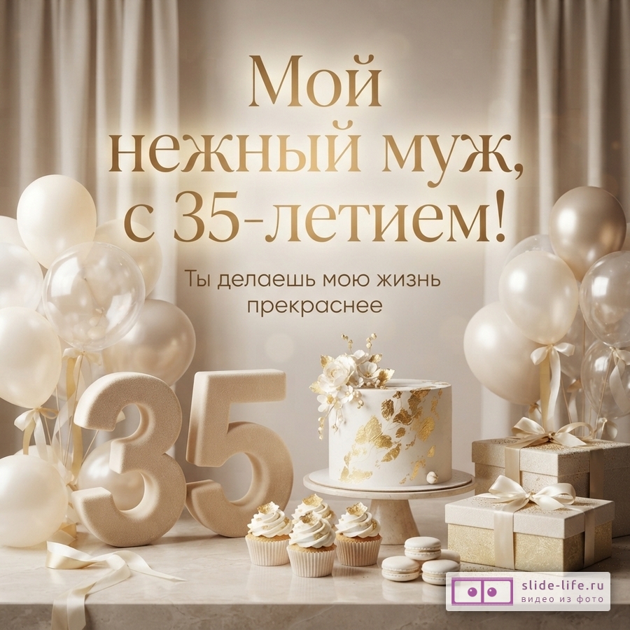 Бежевый праздничный торт, капкейки, цифра 35, воздушные шары, подарки и надпись «Мой нежный муж, с 35-летием! Ты делаешь мою жизнь прекраснее».