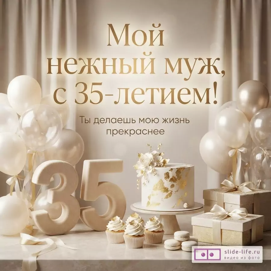 Бежевый праздничный торт, капкейки, цифра 35, воздушные шары, подарки и надпись «Мой нежный муж, с 35-летием! Ты делаешь мою жизнь прекраснее».