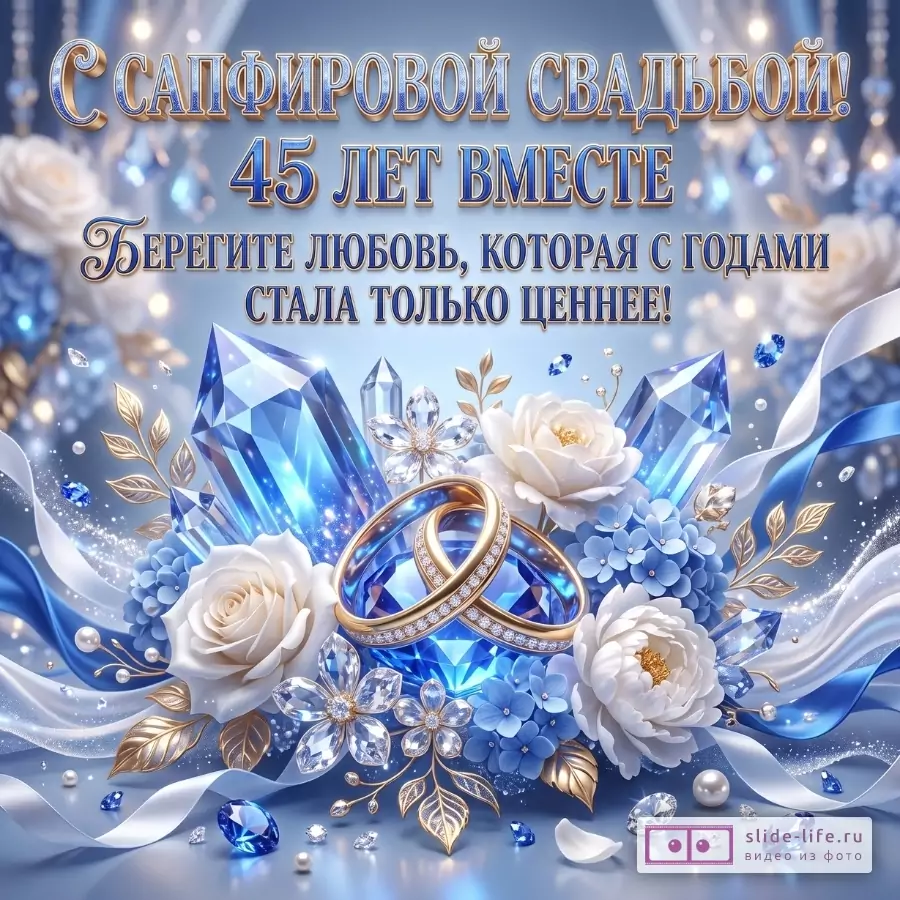 Синий и серебристый фон, сапфиры, белые розы и золотые кольца. «С сапфировой свадьбой! 45 лет вместе. Берегите любовь, которая с годами стала только ценнее!»