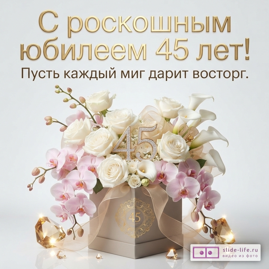 Белый фон, сверху золотой текст, снизу композиция из белых роз, розовых орхидей, белых калл в бежевой коробке с золотой лентой, цифра «45» из страз, рядом золотые кристаллы. Текст: «С роскошным юбилеем 45 лет! Пусть каждый миг дарит восторг.»