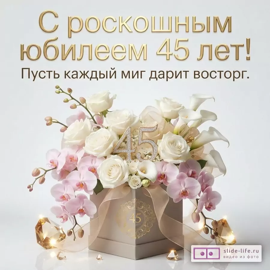 Белый фон, сверху золотой текст, снизу композиция из белых роз, розовых орхидей, белых калл в бежевой коробке с золотой лентой, цифра «45» из страз, рядом золотые кристаллы. Текст: «С роскошным юбилеем 45 лет! Пусть каждый миг дарит восторг.»