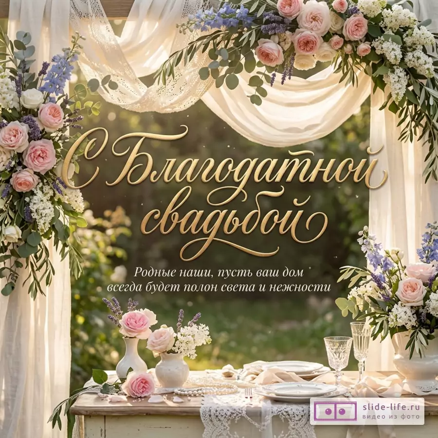 Свадебная арка с белыми драпировками, розовыми и белыми цветами, сервированный стол в светлых тонах, текст «С Благодатной свадьбой Родные наши, пусть ваш дом всегда будет полон света и нежности»