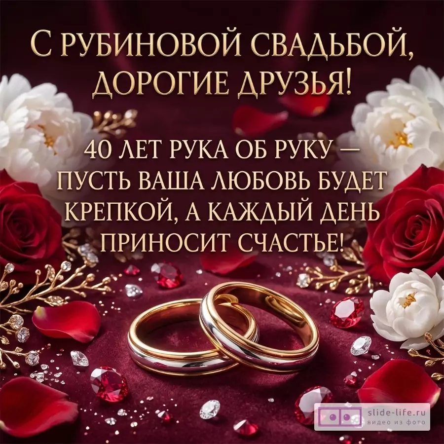 Бордовый фон, красные розы, белые цветы, золотые кольца и кристаллы. Текст: «С рубиновой свадьбой, дорогие друзья! 40 лет рука об руку»