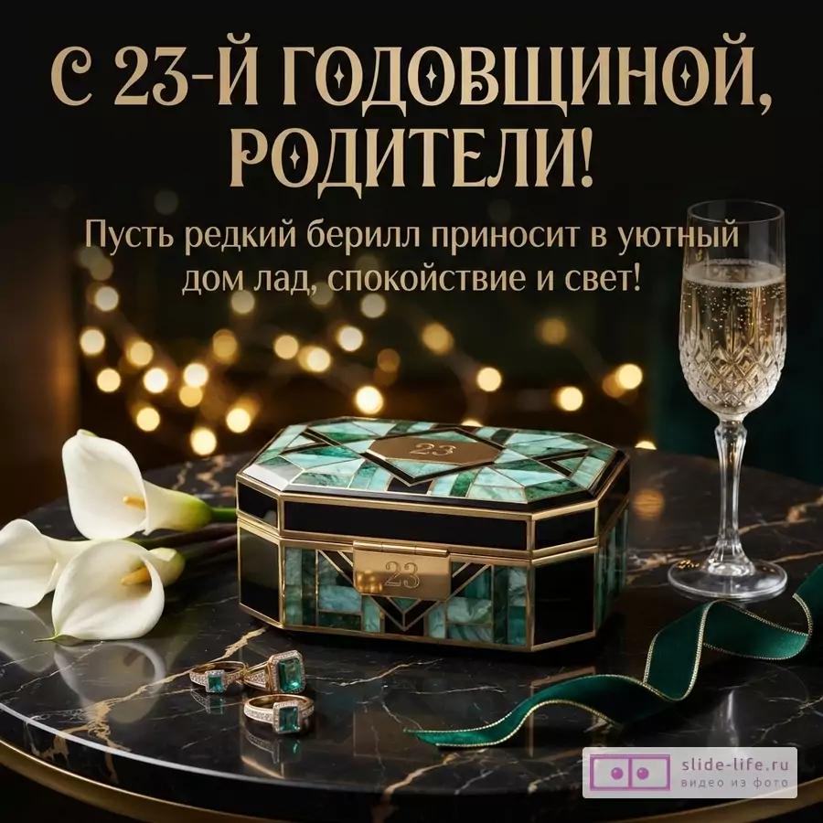 Открытка с текстом «С 23-й годовщиной, родители! Пусть редкий берилл приносит в уютный дом лад, спокойствие и свет!», на черном фоне шкатулка с бирюзовой мозаикой, бокал, белые цветы и зеленая лента.