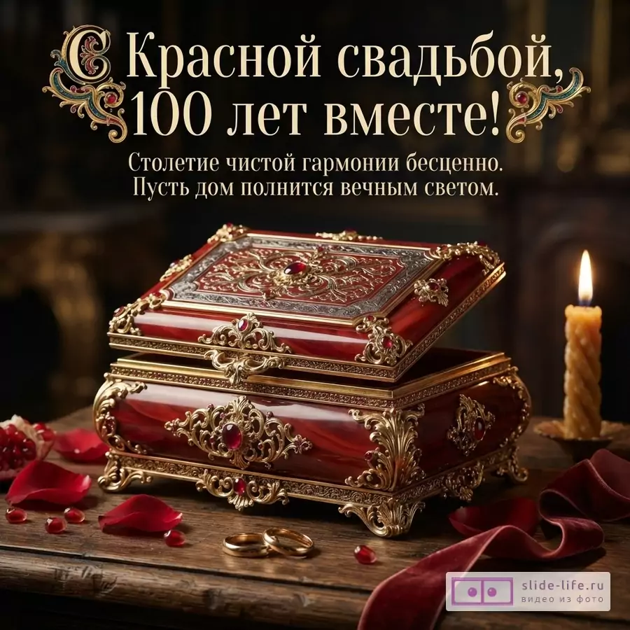 Резная рубиновая шкатулка с золотым узором, кольца, свеча и лепестки на деревянном столе. Текст: «С Красной свадьбой, 100 лет вместе! Столетие чистой гармонии бесценно. Пусть дом полнится вечным светом.»