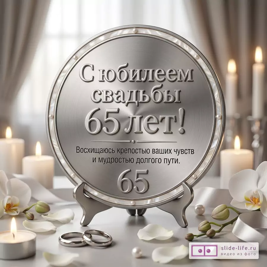 Серебристая круглая памятная тарелка на подставке, белые свечи, орхидеи, обручальные кольца, жемчужины, светлый размытый фон, текст «С юбилеем свадьбы 65 лет! Восхищаюсь крепостью ваших чувств и мудростью долгого пути. 65»