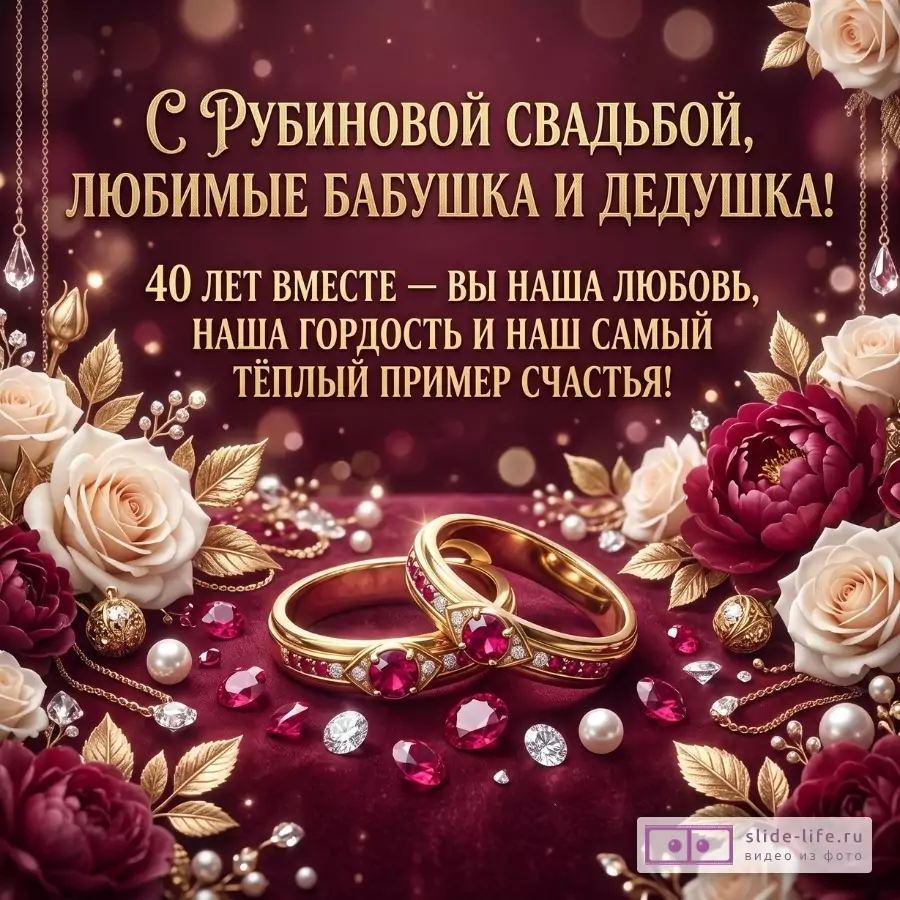 Бордовый фон, розы, золотые кольца с рубинами, жемчуг: «С Рубиновой свадьбой, любимые бабушка и дедушка! 40 лет вместе — вы наша любовь, наша гордость и наш самый тёплый пример счастья!»