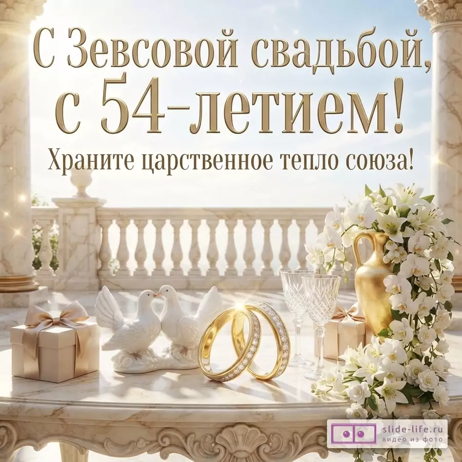 Текст «С Зевсовой свадьбой, С 54-летием! Храните царственное тепло союза!», светлый фон, мраморная терраса, белые голуби, золотые кольца, ваза с белыми цветами, подарочные коробки