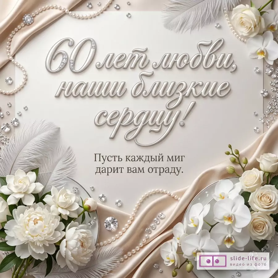 Светлая открытка с бело-бежевым фоном, жемчужными нитями, белыми розами, пионами, орхидеями, перьями и текстом «60 лет любви, наши близкие сердцу! Пусть каждый миг дарит вам отраду.»
