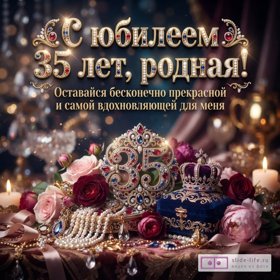 Темный фон с золотыми бликами. В центре золотые буквы с драгоценными камнями «С юбилеем 35 лет, родная! Оставайся бесконечно прекрасной и самой вдохновляющей для меня». Внизу композиция из роз, жемчуга, драгоценностей и короны.