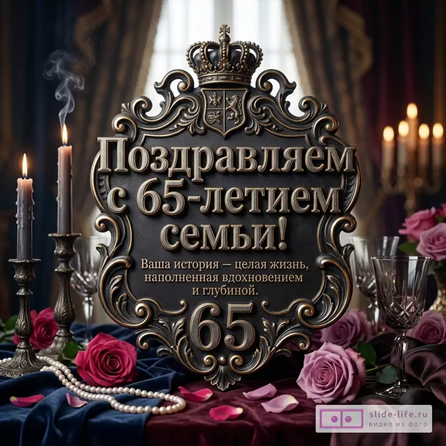 Декоративная табличка с короной на темном фоне, свечи, бокалы, розовые розы, жемчуг, текст «Поздравляем с 65-летием семьи! Ваша история — целая жизнь, наполненная вдохновением и глубиной. 65»