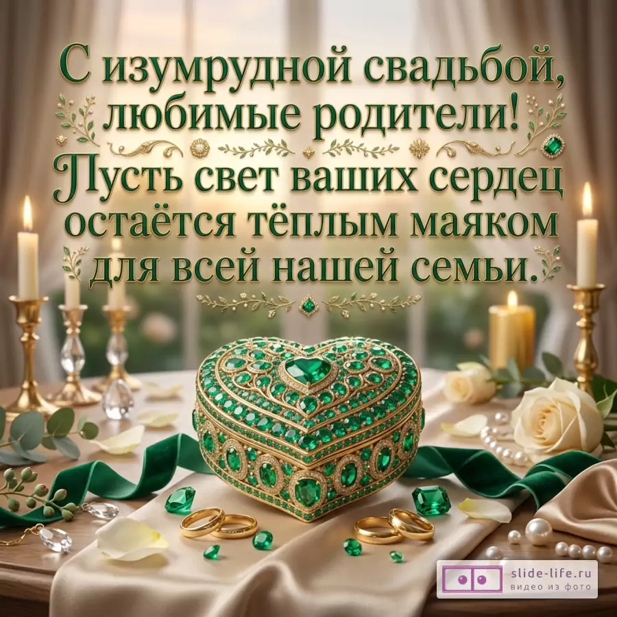 Открытка с текстом «С изумрудной свадьбой, любимые родители! Пусть свет ваших сердец остаётся тёплым маяком для всей нашей семьи.» бежевый фон, свечи, белые розы, жемчуг, золотые кольца, зелёная шкатулка-сердце с изумрудами, зелёные ленты