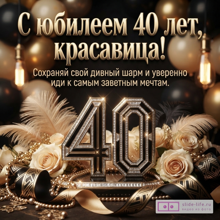 Черный фон, золотые и черные шары, лампочки, перья, розы, бусы, ленты, цифры «40». Текст: «С юбилеем 40 лет, красавица! Сохраняй свой дивный шарм и уверенно иди к самым заветным мечтам.»