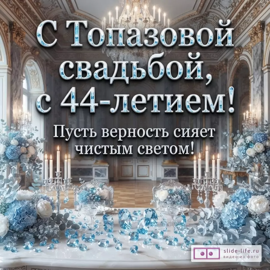 Интерьер банкетного зала в светлых тонах, на столе белая скатерть, голубые цветы, свечи, рассыпанные голубые кристаллы. Текст: «С Топазовой свадьбой, с 44-летием! Пусть верность сияет чистым светом!»