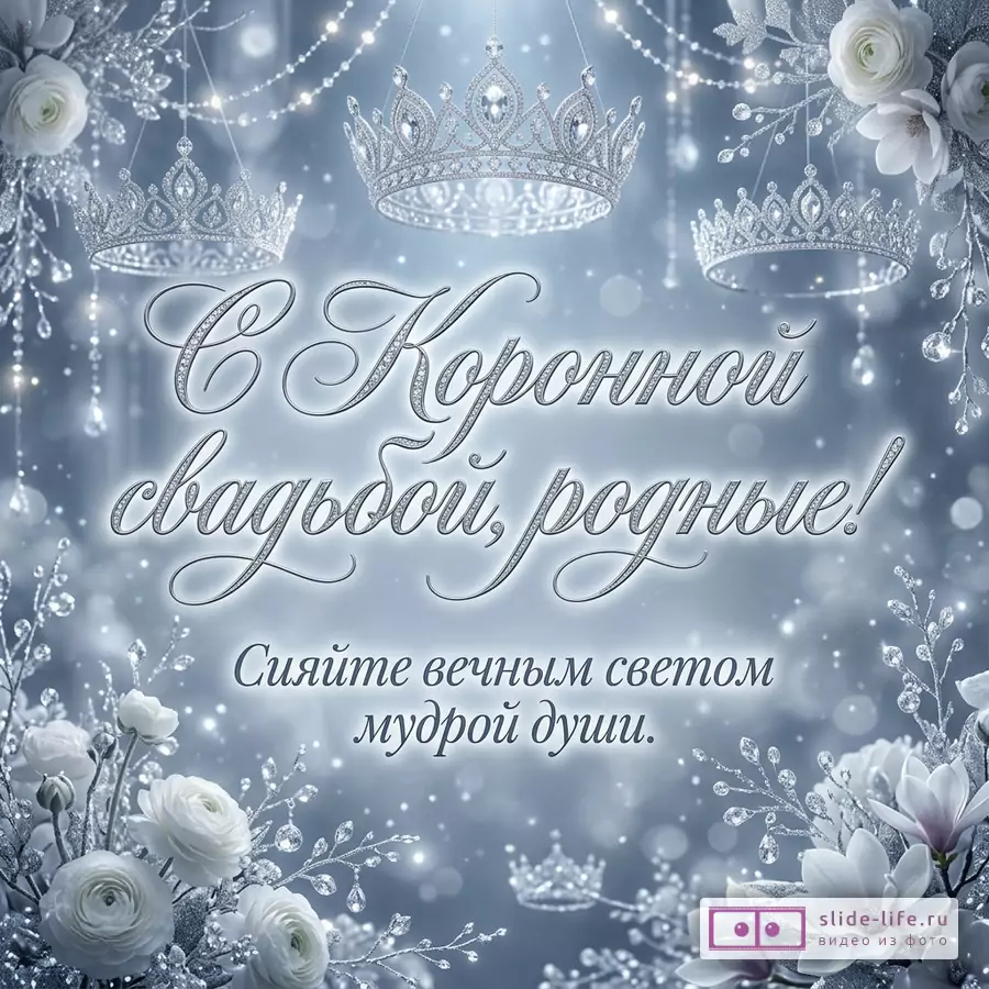 Серебристо-голубой фон с сияющими бриллиантовыми коронами, белыми цветами и надписью «С Коронной свадьбой, родные! Сияйте вечным светом мудрой души.».