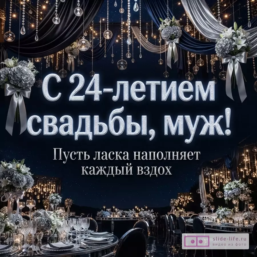 Банкетный зал в темно-синих и серебристых тонах с драпировками, цветами и текстом «С 24-летием свадьбы, муж! Пусть ласка наполняет каждый вздох».
