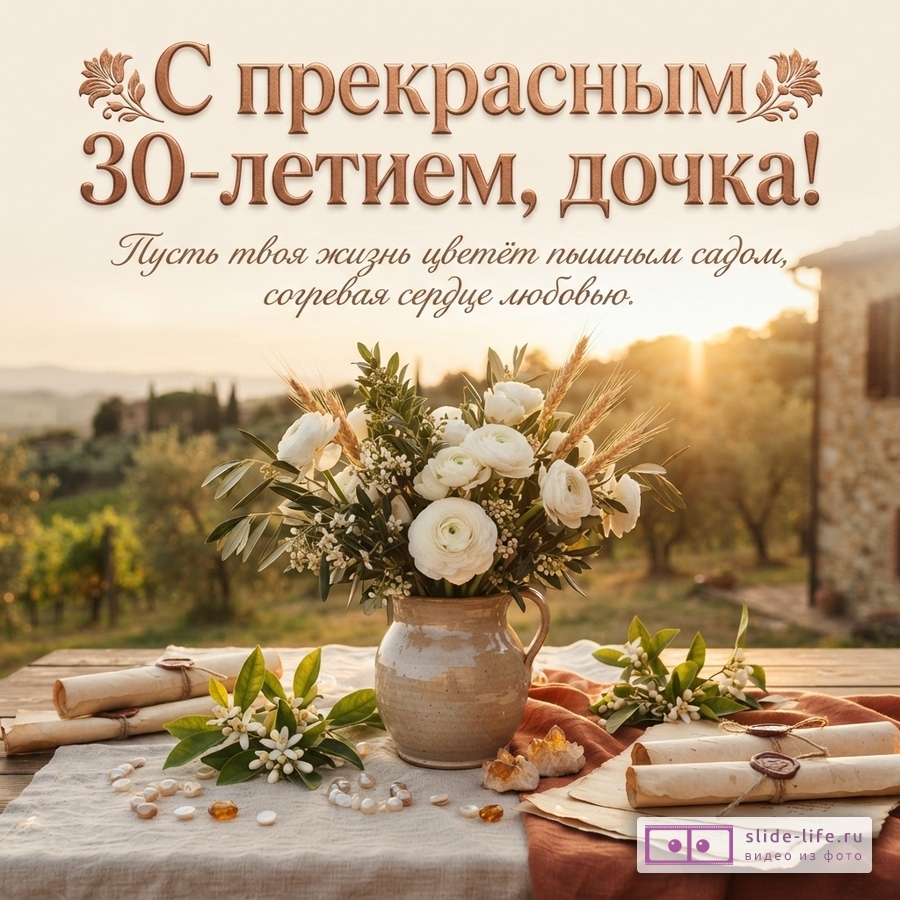 Кувшин с белыми лютиками и колосьями на деревянном столе на фоне тосканского пейзажа, текст: «С прекрасным 30-летием, дочка! Пусть твоя жизнь цветёт пышным садом, согревая сердце любовью.»