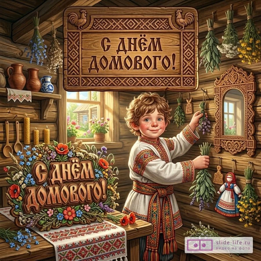 С Днём домового — картинка с пожеланиями и добрым домовым