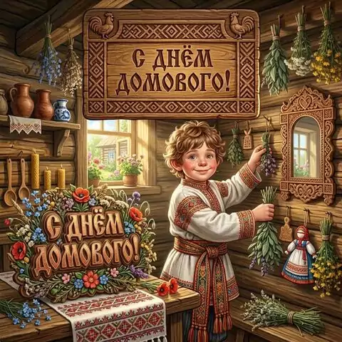 С Днём домового — картинка с пожеланиями и добрым домовым
