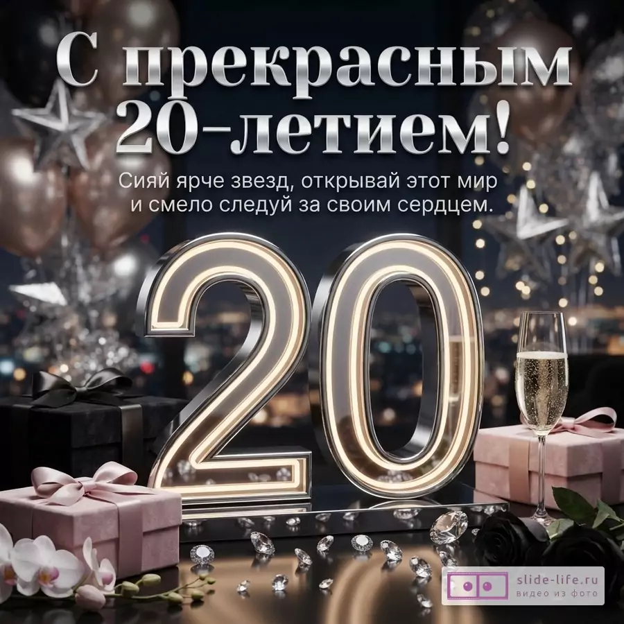 Светящиеся объемные цифры 20, бокал шампанского, подарки, цветы и надпись «С прекрасным 20-летием! Сияй ярче звезд, открывай этот мир и смело следуй за своим сердцем.»