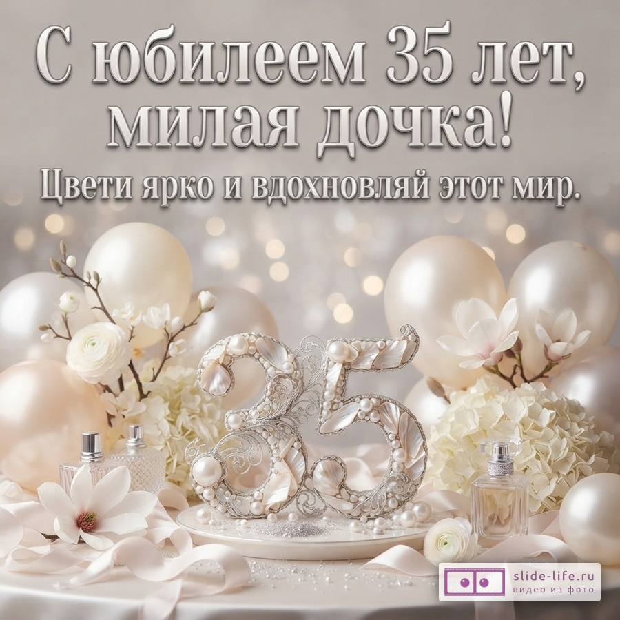 Объемная цифра 35 с жемчугом в окружении белых шаров, цветов и флаконов духов с надписью «С юбилеем 35 лет, милая дочка! Цвети ярко и вдохновляй этот мир.»
