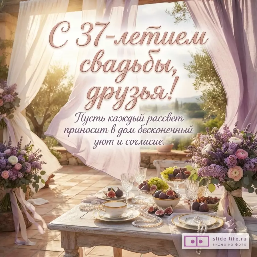 Открытка с бежевым фоном, на переднем плане стол с фруктами и цветами, на заднем плане пейзаж. Текст: «С 37-летием свадьбы, друзья! Пусть каждый рассвет приносит в дом бесконечный уют и согласие.»