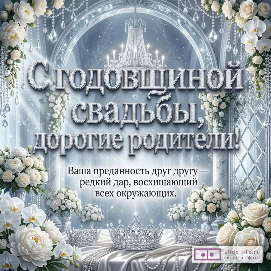Серебристо-голубая открытка с хрустальной люстрой, белыми цветами, арками и свадебным декором, текст «С юбилеем свадьбы, дорогие родители, родители! Ваша преданность друг другу — редкий дар, восхищающий всех вокруг.»