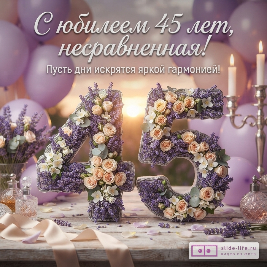 Фон с сиреневыми шарами, свечами и закатом. На переднем плане цифры «45» из лаванды и персиковых роз. Текст: «С юбилеем 45 лет, несравненная! Пусть дни искрятся яркой гармонией!»