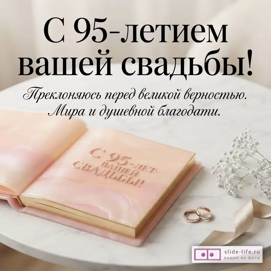 Розовая мармеладная книга, обручальные кольца и белые цветы на светлом столе с текстом «С 95-летием вашей свадьбы! Преклоняюсь перед великой верностью. Мира и душевной благодати.»