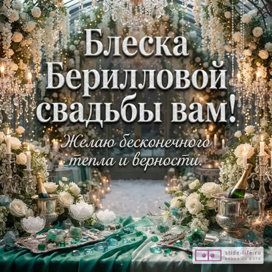 Праздничный стол с белыми розами, кристаллами берилла, шампанским и свечами с надписью «Блеска Берилловой свадьбы вам! Желаю бесконечного тепла и верности.»