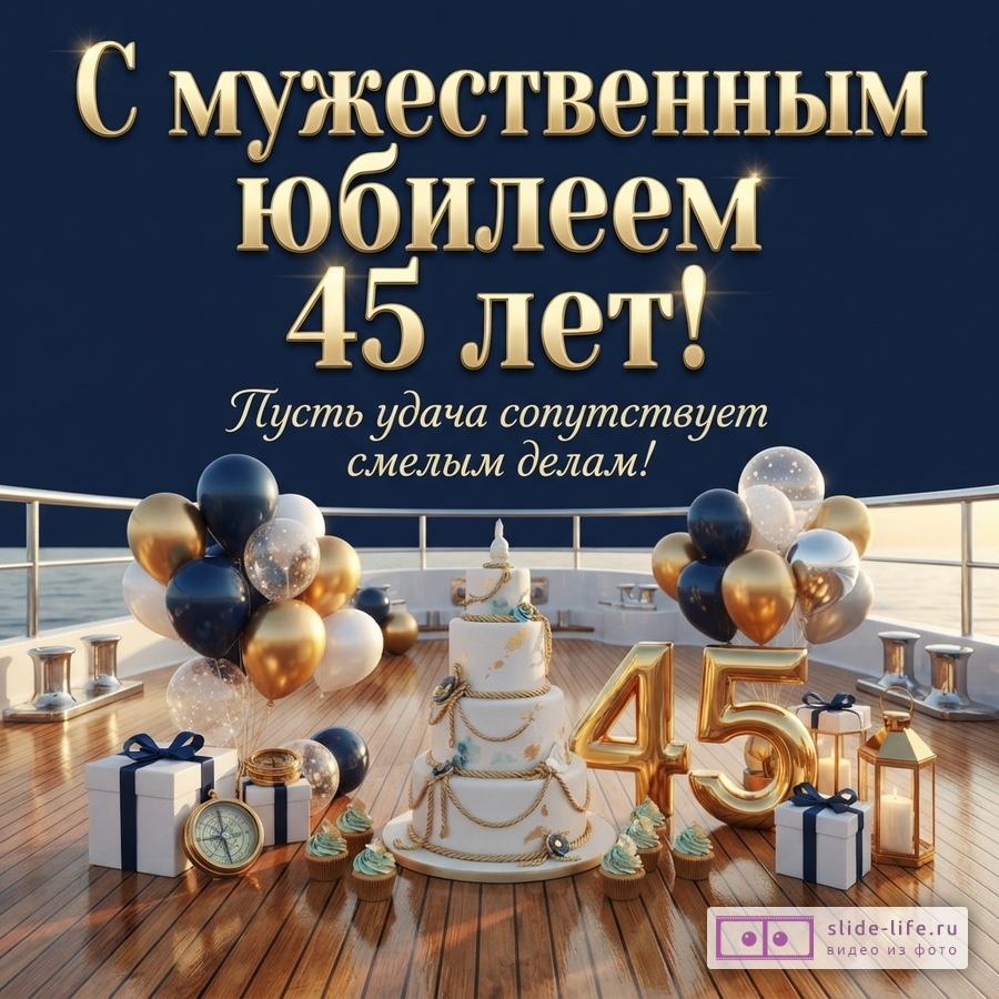 Открытка с золотыми буквами на темно-синем фоне. На палубе яхты стоит многоярусный торт, золотые цифры «45», подарки, воздушные шары черного, золотого, белого и прозрачного цветов. Текст: «С мужественным юбилеем 45 лет! Пусть удача сопутствует смелым делам!»