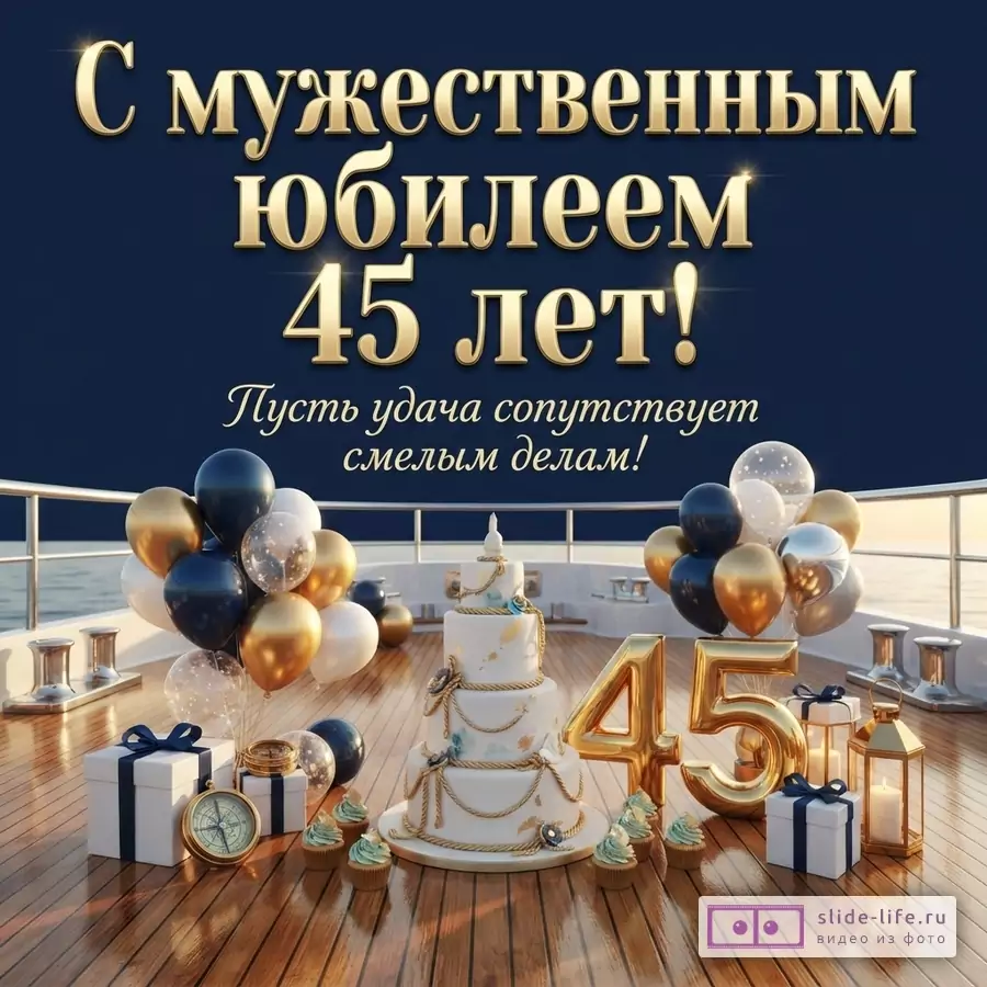 Открытка с золотыми буквами на темно-синем фоне. На палубе яхты стоит многоярусный торт, золотые цифры «45», подарки, воздушные шары черного, золотого, белого и прозрачного цветов. Текст: «С мужественным юбилеем 45 лет! Пусть удача сопутствует смелым делам!»
