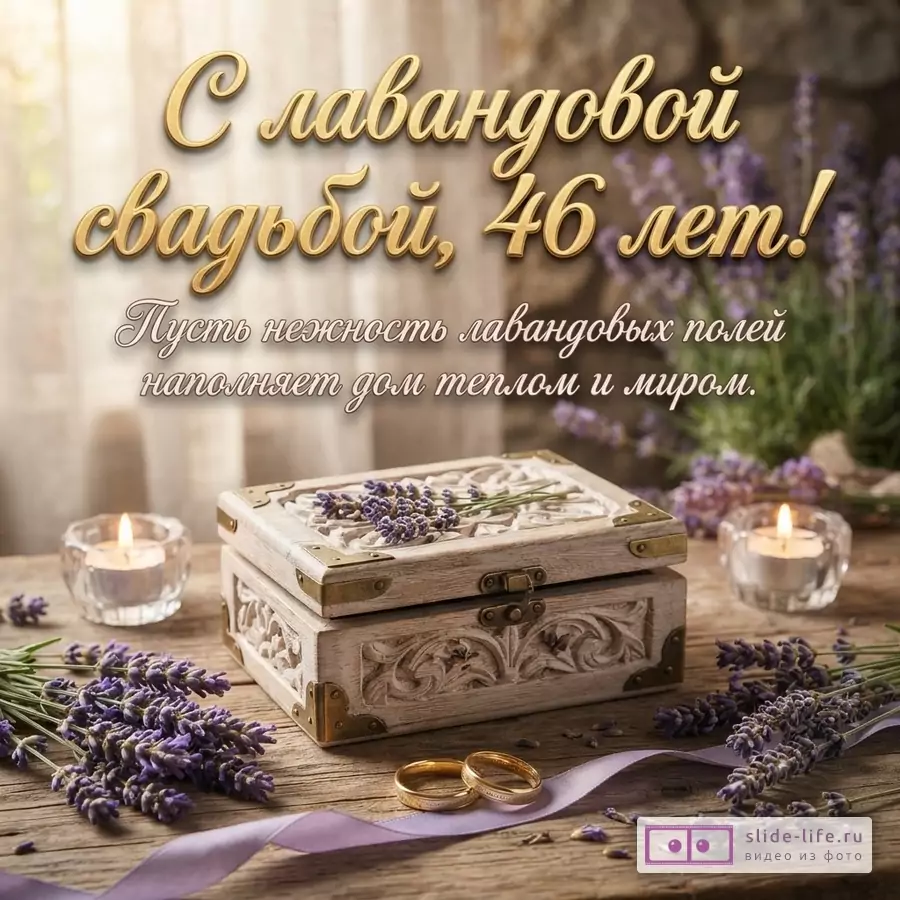 Деревянный фон, лавандовые цветы, свечи, кольца, фиолетовая лента. Текст: «С лавандовой свадьбой, 46 лет! Пусть нежность лавандовых полей наполняет дом теплом и миром.»