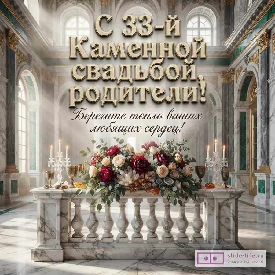 Открытка с белым мраморным интерьером, колоннами, окнами, золотыми элементами. На переднем плане мраморный стол с цветами, свечами и кубками. Текст «С 33-й Каменной свадьбой, родители! Берегите тепло ваших любящих сердец!»