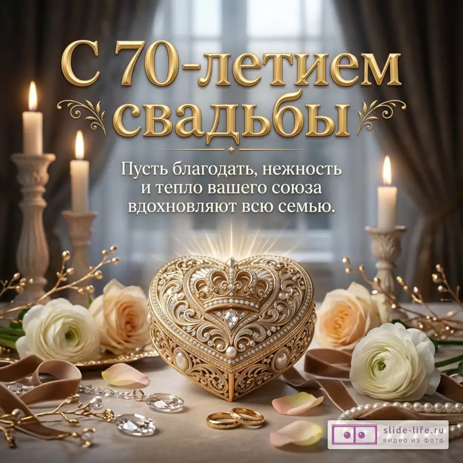 Золотой текст «С 70-летием свадьбы Пусть благодать, нежность и тепло вашего союза вдохновляют всю семью.» на темном фоне с шторами, свечами, цветами, кольцами и шкатулкой в форме сердца