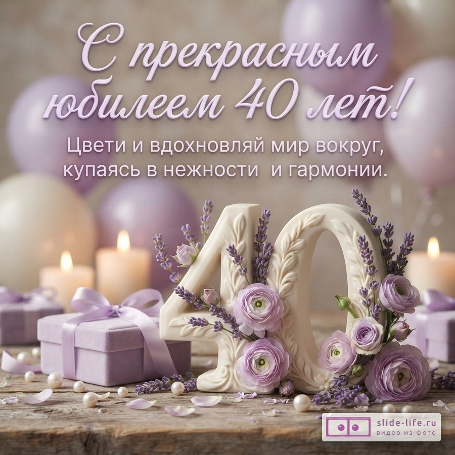 Открытка с фоном из сиреневых и белых воздушных шаров, свечей. В центре композиции белая цифра «40», украшенная сиреневыми цветами и лавандой. Рядом сиреневые подарочные коробки, жемчуг и лепестки. Текст: «С прекрасным юбилеем 40 лет! Цвети и вдохновляй мир вокруг, купаясь в нежности и гармонии.»