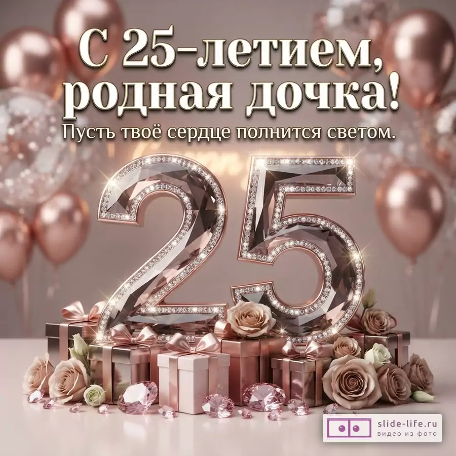 Бежево-розовый фон, воздушные шары, подарки, розы и крупная цифра 25, текст «С 25-летием, родная дочка! Пусть твоё сердце полнится светом.»