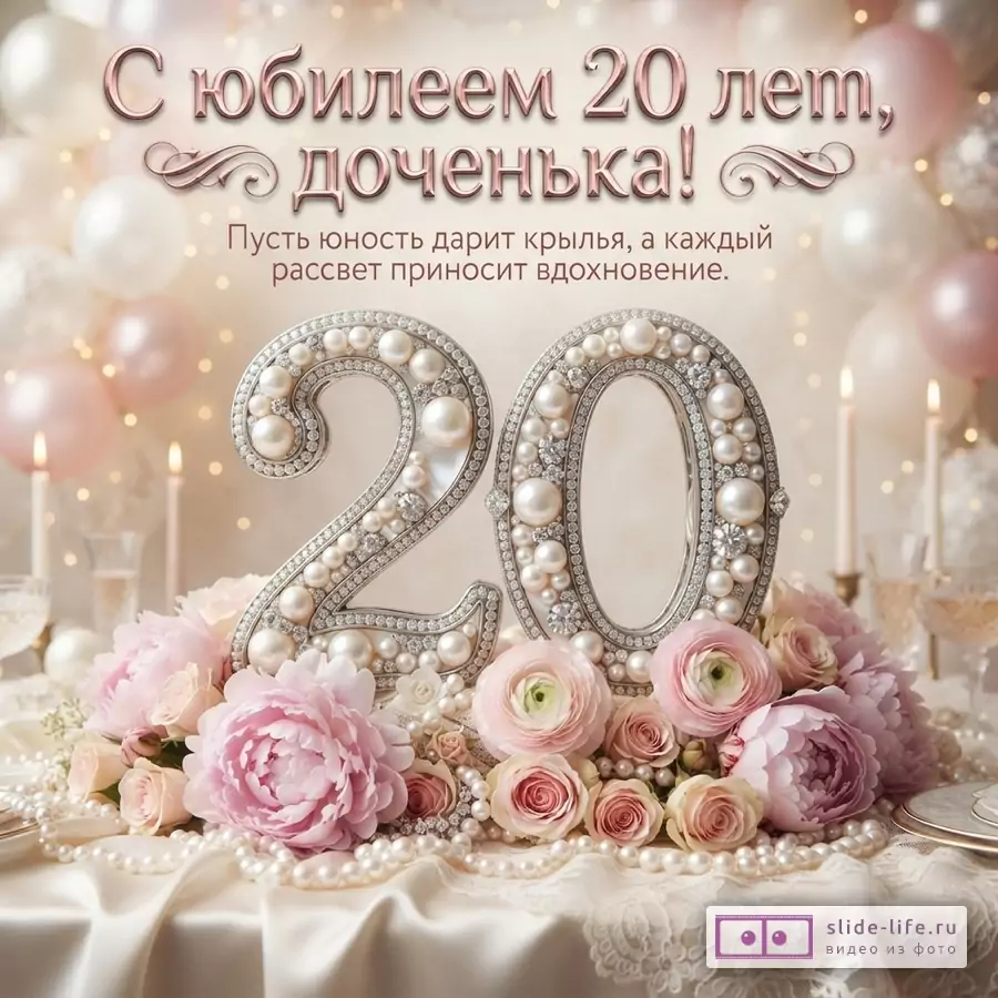 Бежево-розовый фон, шары, свечи, цветы, жемчуг, крупная цифра 20 и текст «С юбилеем 20 лет, доченька! Пусть юность дарит крылья, а каждый рассвет приносит вдохновение.»