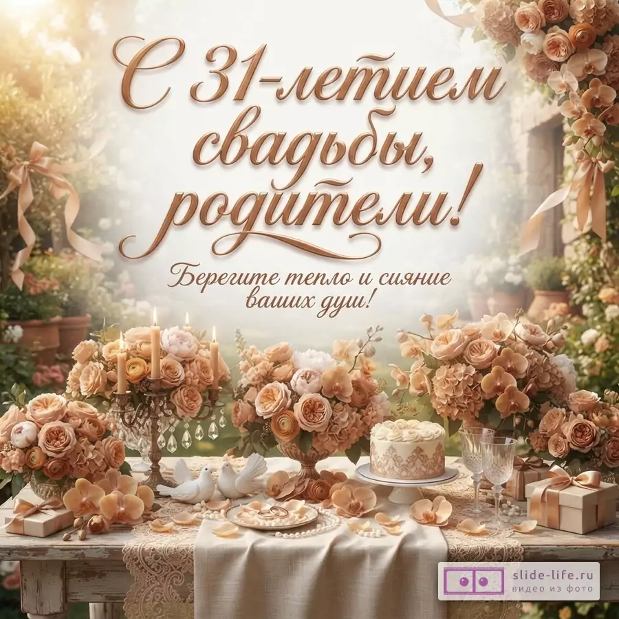 Бежево-золотая открытка с цветами, свечами, подарками и сервированным столом. Текст «С 31-летием свадьбы, родители! Берегите тепло и сияние ваших душ!»