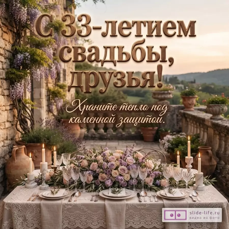 Открытка с каменной свадьбой. На фоне каменная стена с вьющимися растениями, на переднем плане сервированный стол с цветами и свечами. Текст: «С 33-летием свадьбы, друзья! Храните тепло под каменной защитой.»