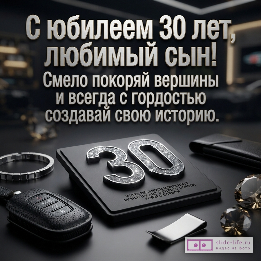 Объемная цифра 30 с кристаллами, автомобильный ключ, зажим для денег и надпись «С юбилеем 30 лет, любимый сын! Смело покоряй вершины и всегда с гордостью создавай свою историю.»