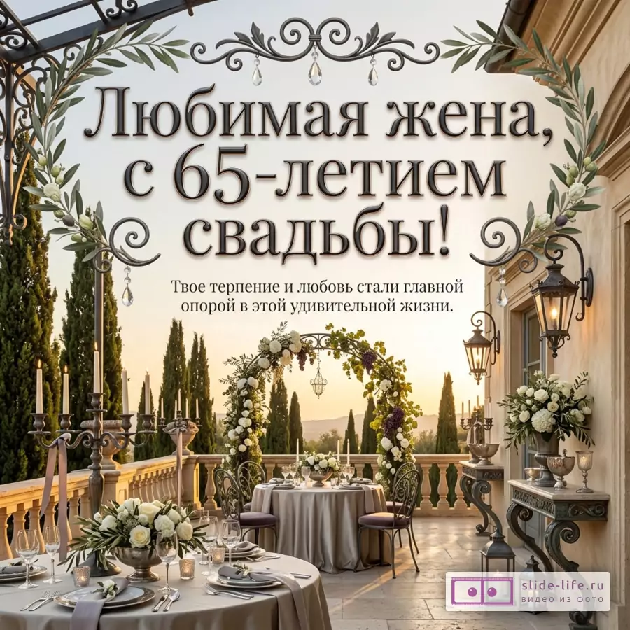 Терраса с сервированными столами, цветочной аркой, канделябрами, фонарями, зелеными ветвями и светлым фоном, текст «Любимая жена, с 65-летием свадьбы! Твое терпение и любовь стали главной опорой в этой удивительной жизни.»