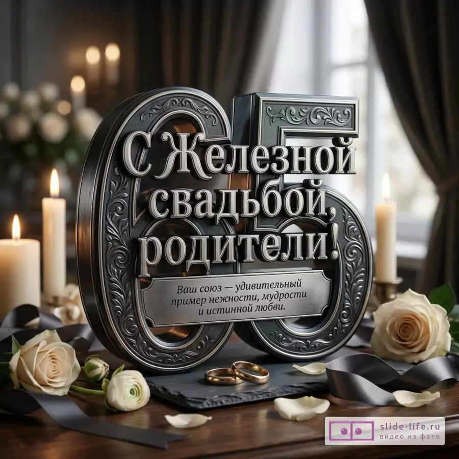 Открытка к 65-летию свадьбы с объемной цифрой 65 из темного металла, свечами, белыми розами, кольцами и текстом «С Железной свадьбой, родители! Ваш союз — удивительный пример нежности, мудрости и истинной любви.»