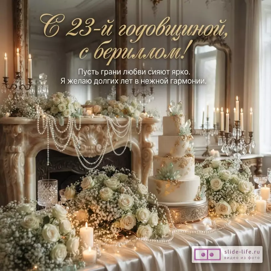Праздничный торт с кристаллами, белые розы, жемчужные нити, свечи и камин с надписью «С 23-й годовщиной, с бериллом! Пусть грани любви сияют ярко. Я желаю долгих лет в нежной гармонии.»