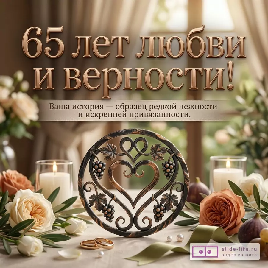 Открытка с бежево-коричневым фоном, цветами, свечами, кольцами и декоративным сердцем с виноградом, текст «65 лет любви и верности! Ваша история — образец редкой нежности и искренней привязанности.»