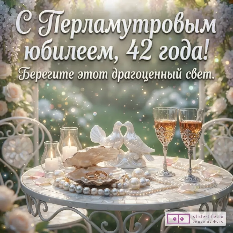 Пастельный фон с цветами и боковым светом, круглый стол, жемчуг, свечи, фигурка двух птиц, два бокала, текст «С Перламутровым юбилеем, 42 года! Берегите этот драгоценный свет.»