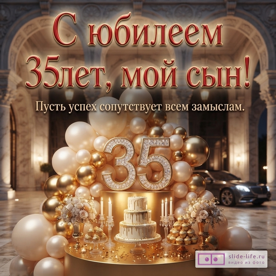 Праздничный стол с белым тортом, золотые шары, цифра 35 с кристаллами на фоне дворцовых арок и автомобиля, надпись «С юбилеем 35 лет, мой сын! Пусть успех сопутствует всем замыслам.»