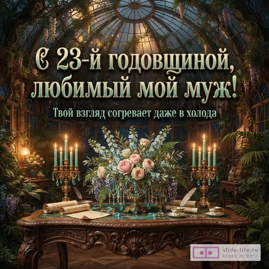 Оранжерея со стеклянным куполом, резной деревянный стол с букетом роз, канделябры со свечами и надпись «С 23-й годовщиной, любимый мой муж! Твой взгляд согревает даже в холода».