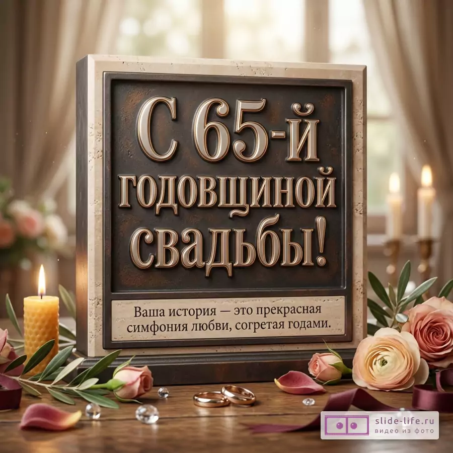 Открытка с текстом «С 65-й годовщиной свадьбы! Ваша история — это прекрасная симфония любви, согретая годами.», темная табличка в светлой рамке, свечи, розы, кольца, ленты