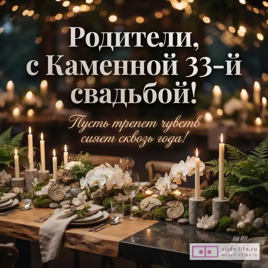 Темный фон с размытыми огоньками. На переднем плане праздничный стол с сервировкой, свечами, орхидеями и мхом. Текст сверху: «Родители, с Каменной 33-й свадьбой! Пусть трепет чувств сияет сквозь года!»